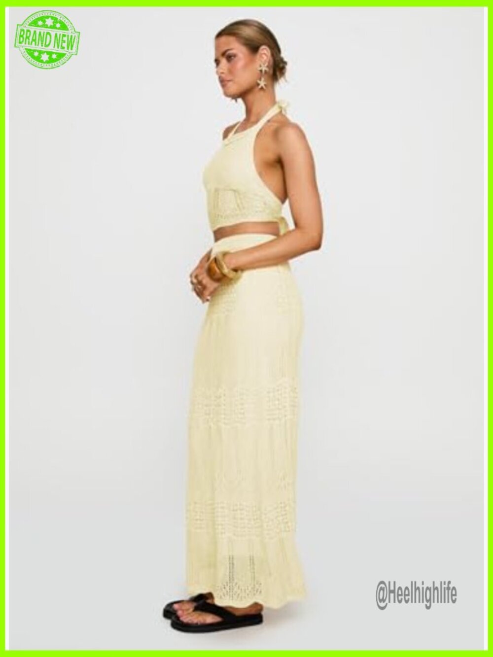 Crochet Knit Skirt Set, Halter Crop Top, Maxi Skirt, Hand Wash Only - Picture 3 of 7